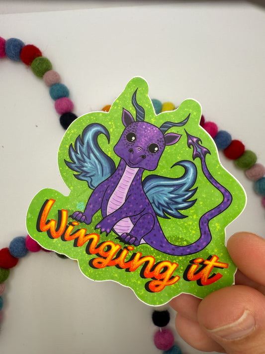 “Winging It” Dragon Sticker – Hand-Drawn, Waterproof & Magical