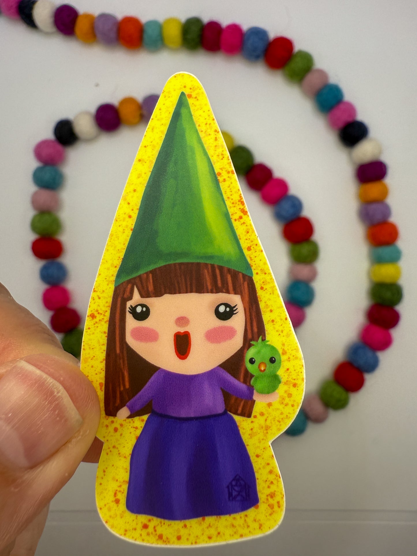 Gnome Girl with Bird Sticker – Original Hand Drawn Vinyl Decal for Water Bottles, Laptops & More