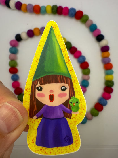 Gnome Girl with Bird Sticker – Original Hand Drawn Vinyl Decal for Water Bottles, Laptops & More