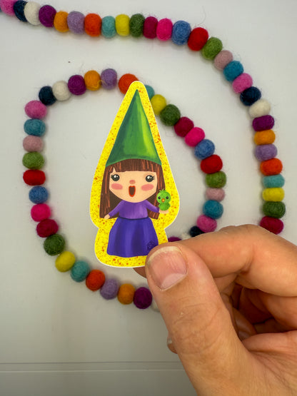 Gnome Girl with Bird Sticker – Original Hand Drawn Vinyl Decal for Water Bottles, Laptops & More