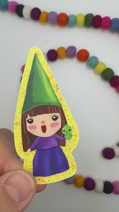 Gnome Girl with Bird Sticker – Original Hand Drawn Vinyl Decal for Water Bottles, Laptops & More