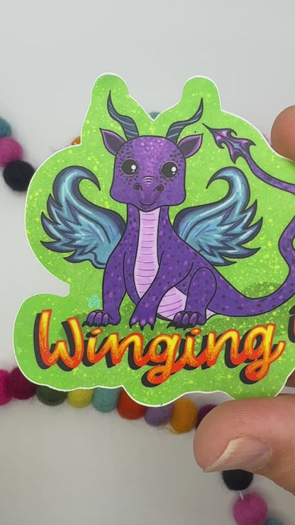 “Winging It” Dragon Sticker – Hand-Drawn, Waterproof & Magical