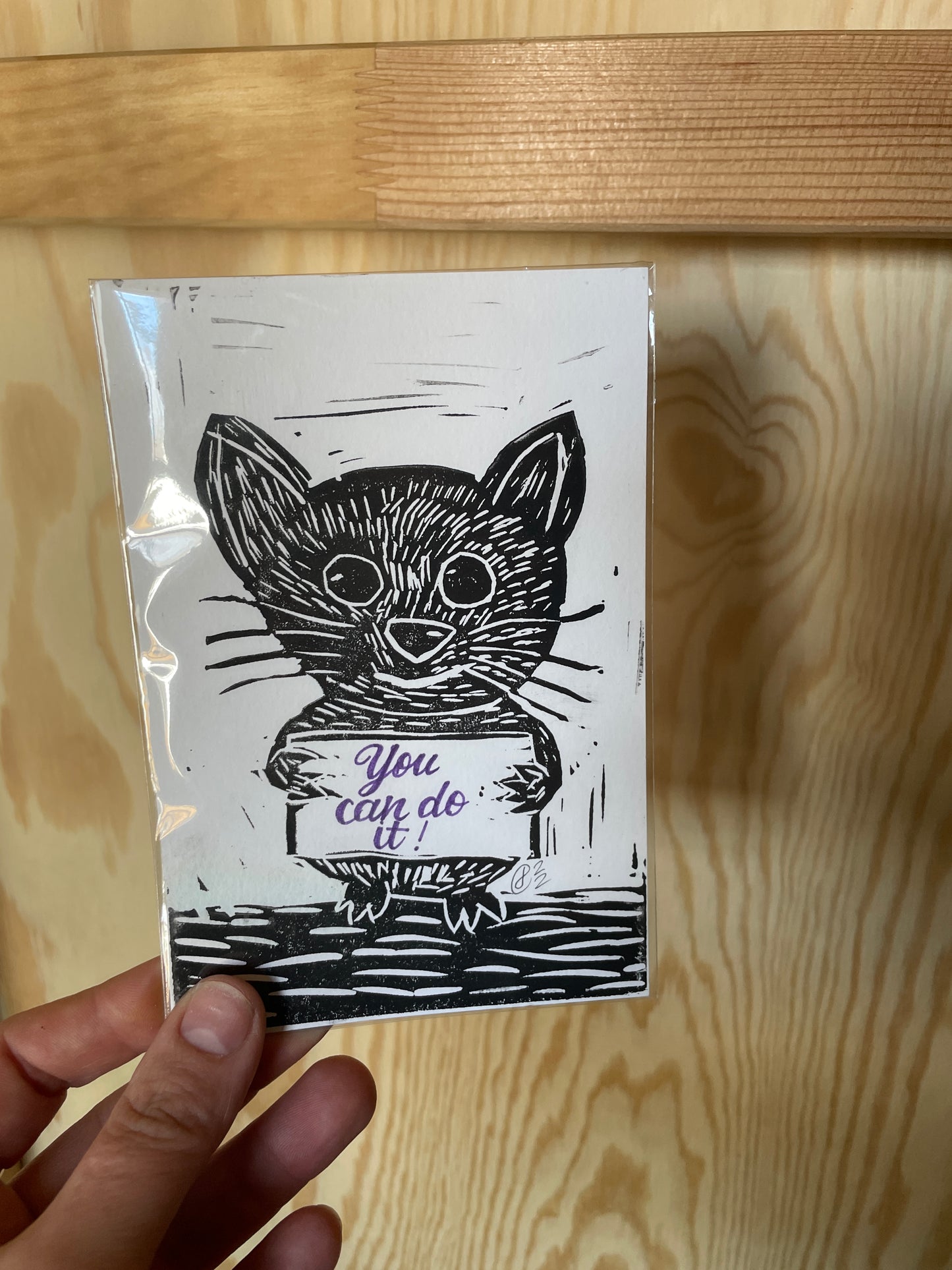 Cat with Sign Lino Print Custom Note or small illustration