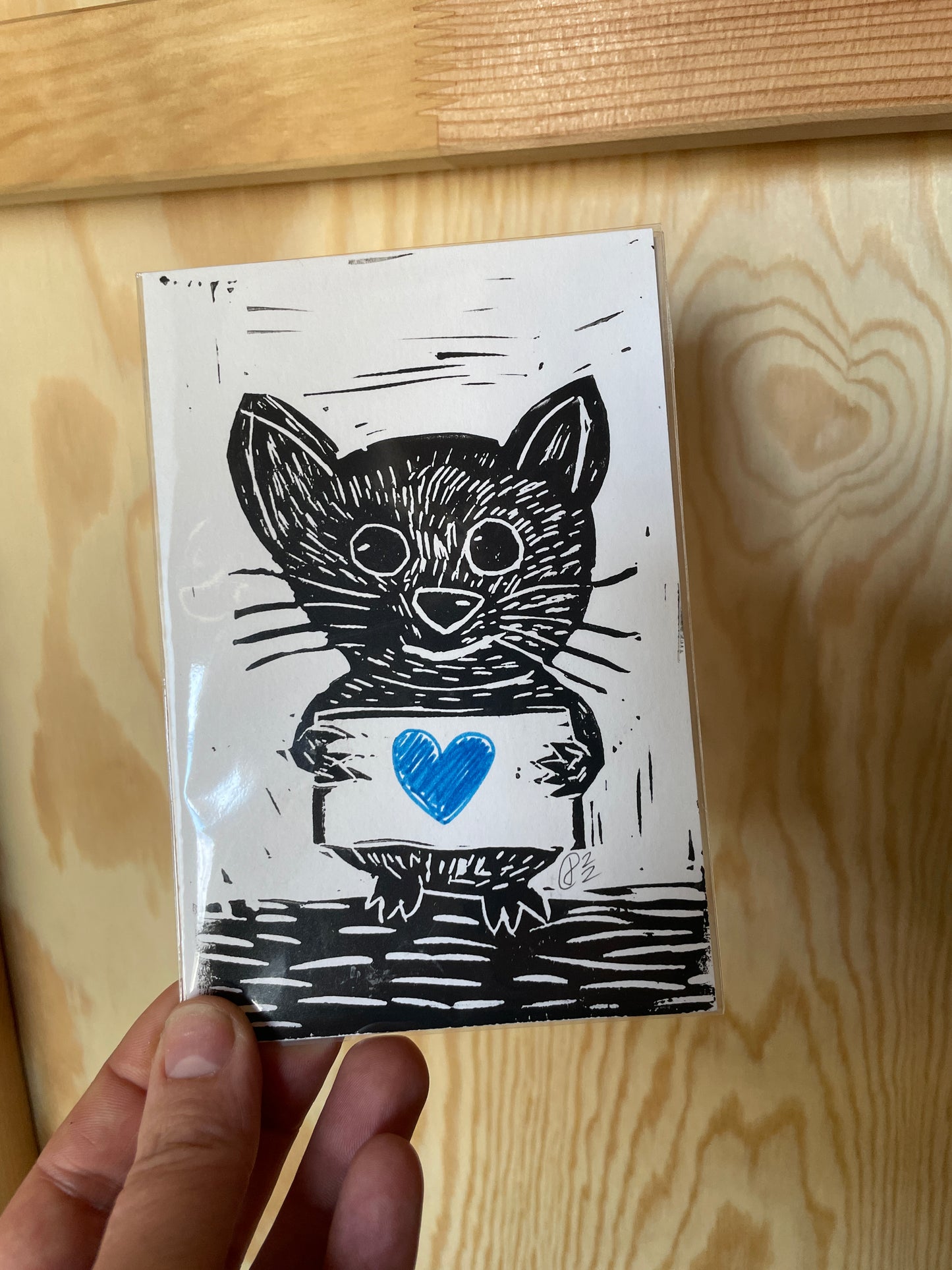 Cat with Sign Lino Print Custom Note or small illustration