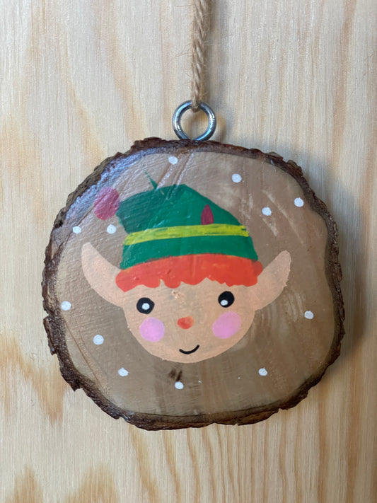Elf Face Wood Slice Ornament