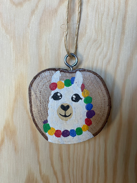 Alpaca with Rainbow Garland Wood Slice Ornament