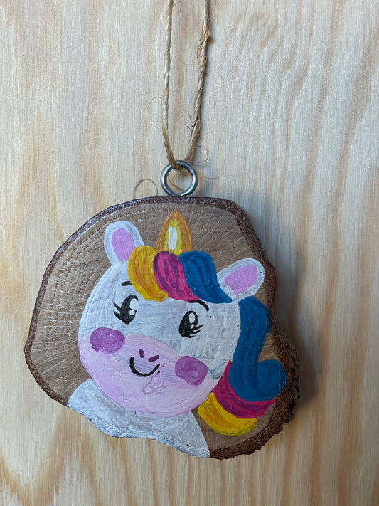 Unicorn with Rainbow Mane Wood Slice Ornament